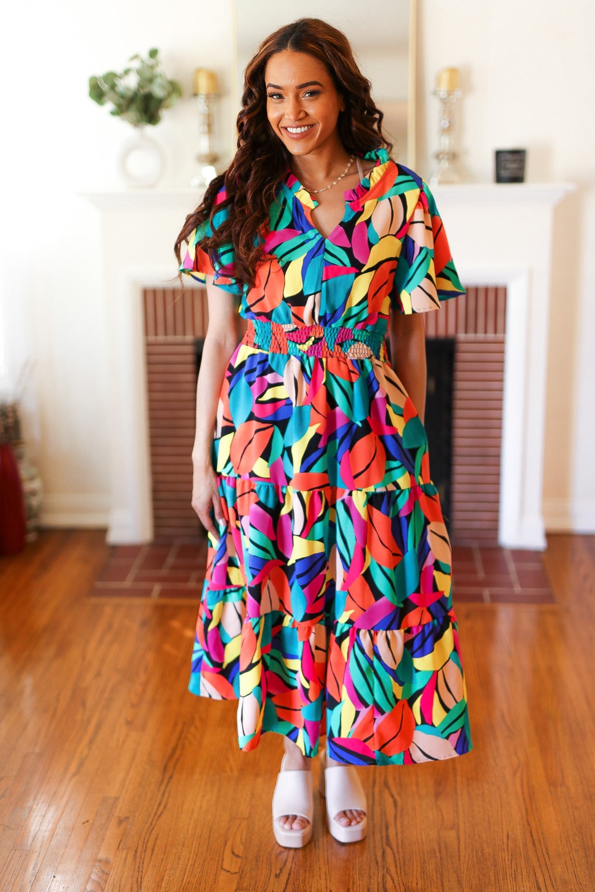 Be Bold Multicolor Abstract Tropical Print Smocked Waist Maxi Dress