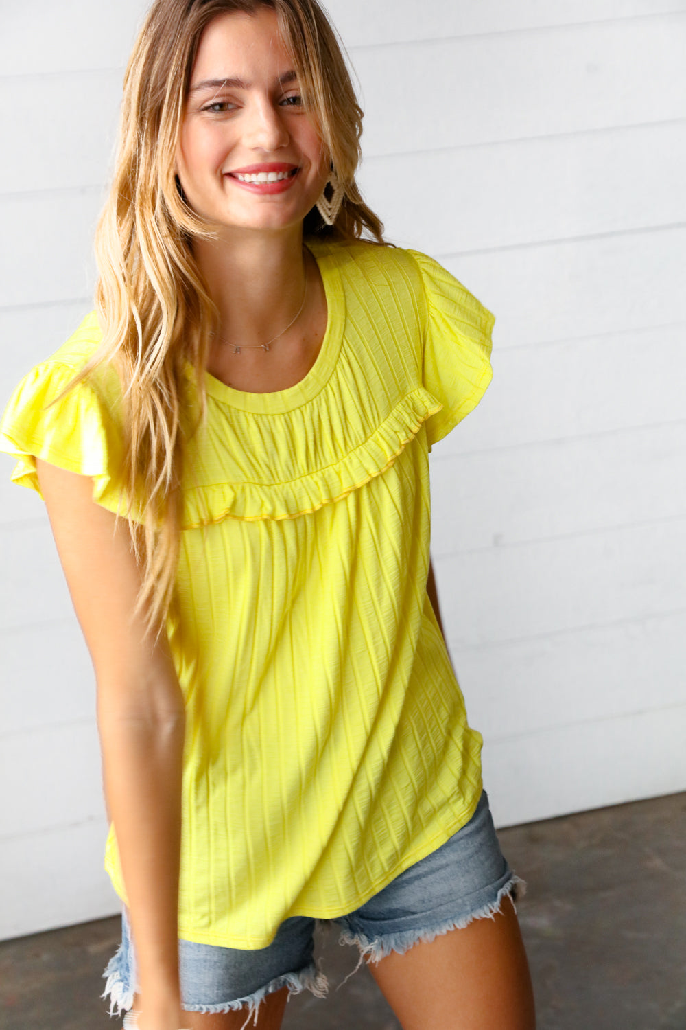 Yellow Wide Rib Frilled Short Sleeve Yoke Top