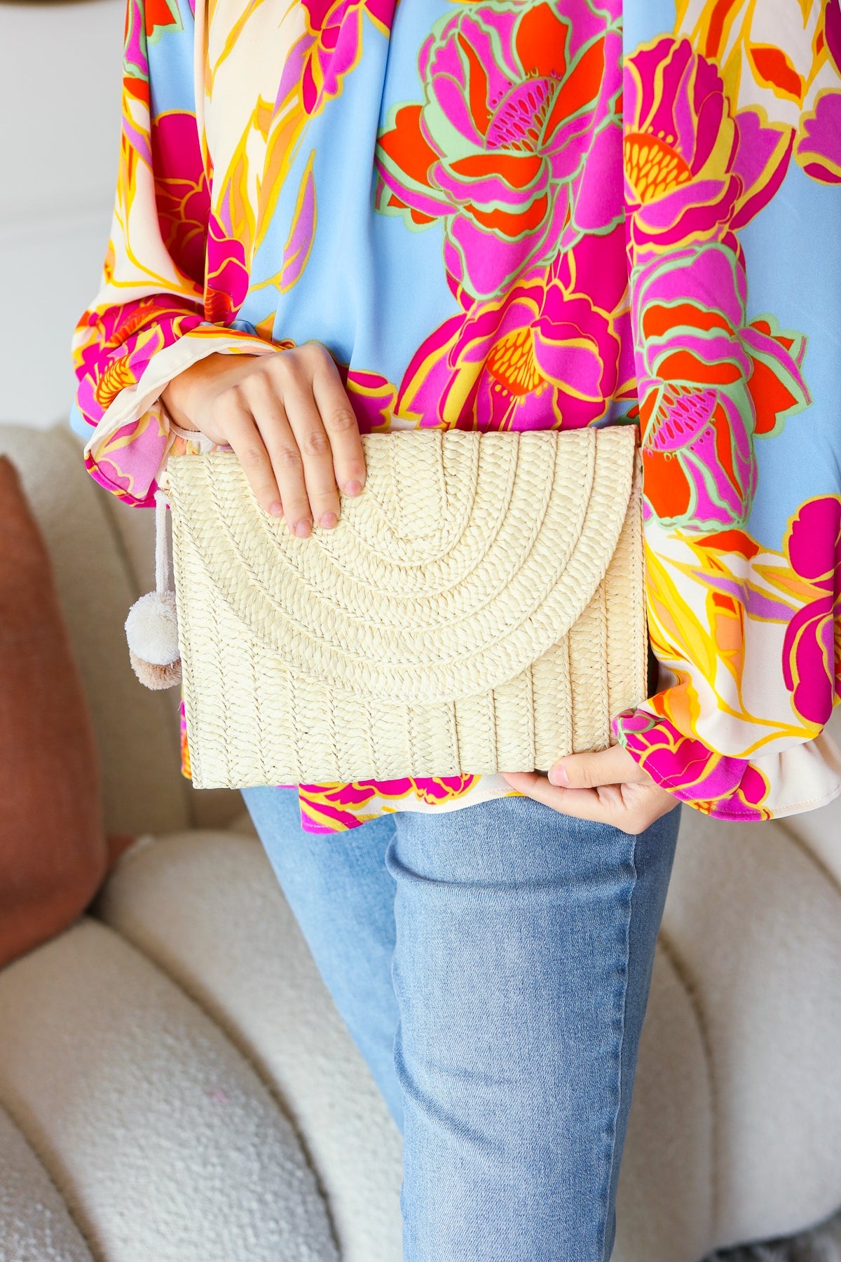 Raffia Flap Closure Clutch Bag with Wrist Strap and Pom Pom