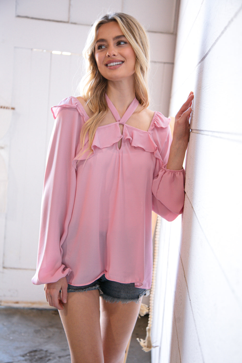 Blush Wool Dobby Halter Neck Bubble Sleeve Blouse