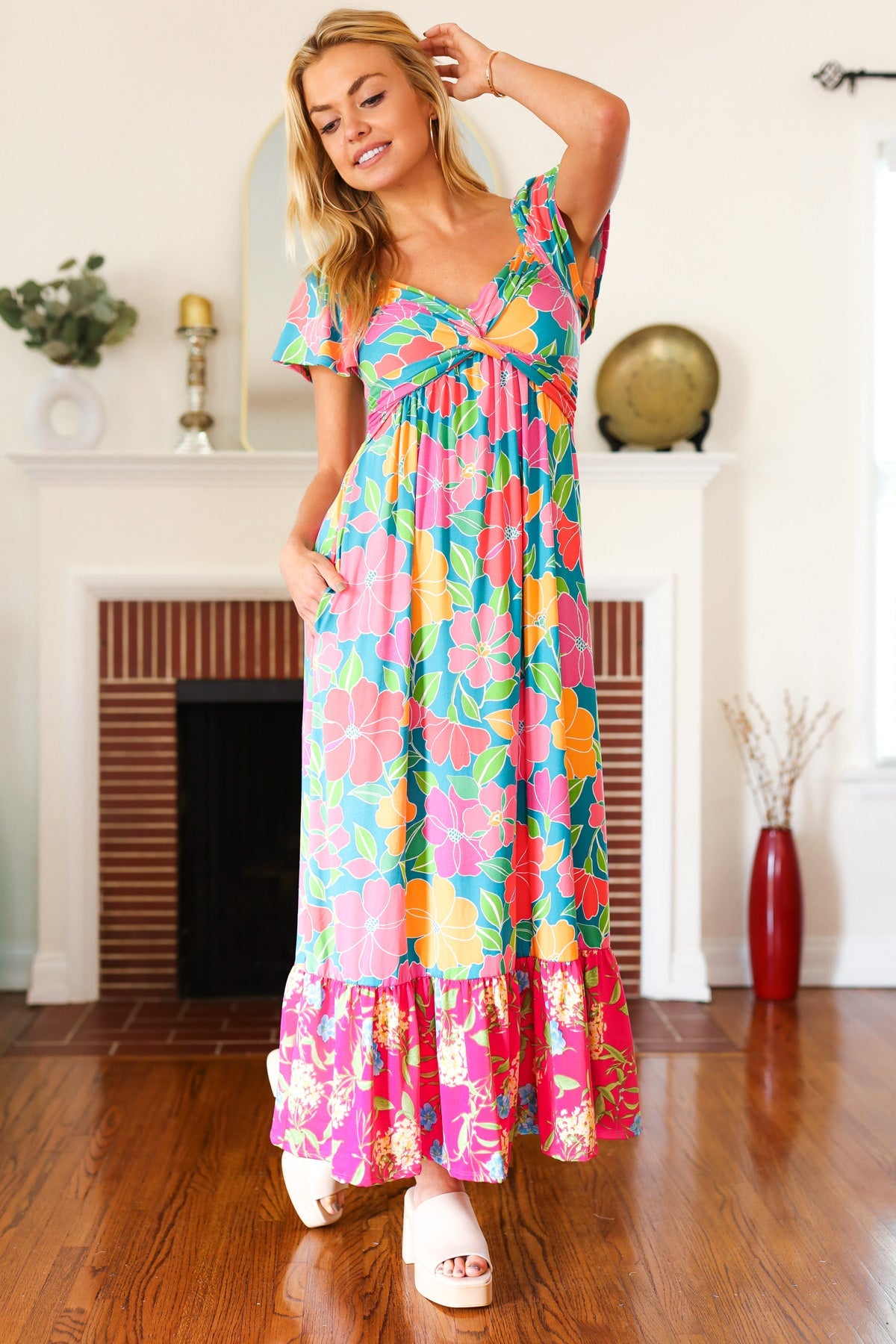 Vacay Vibes Blue Floral Print Sweetheart Twisted Neckline Maxi Dress