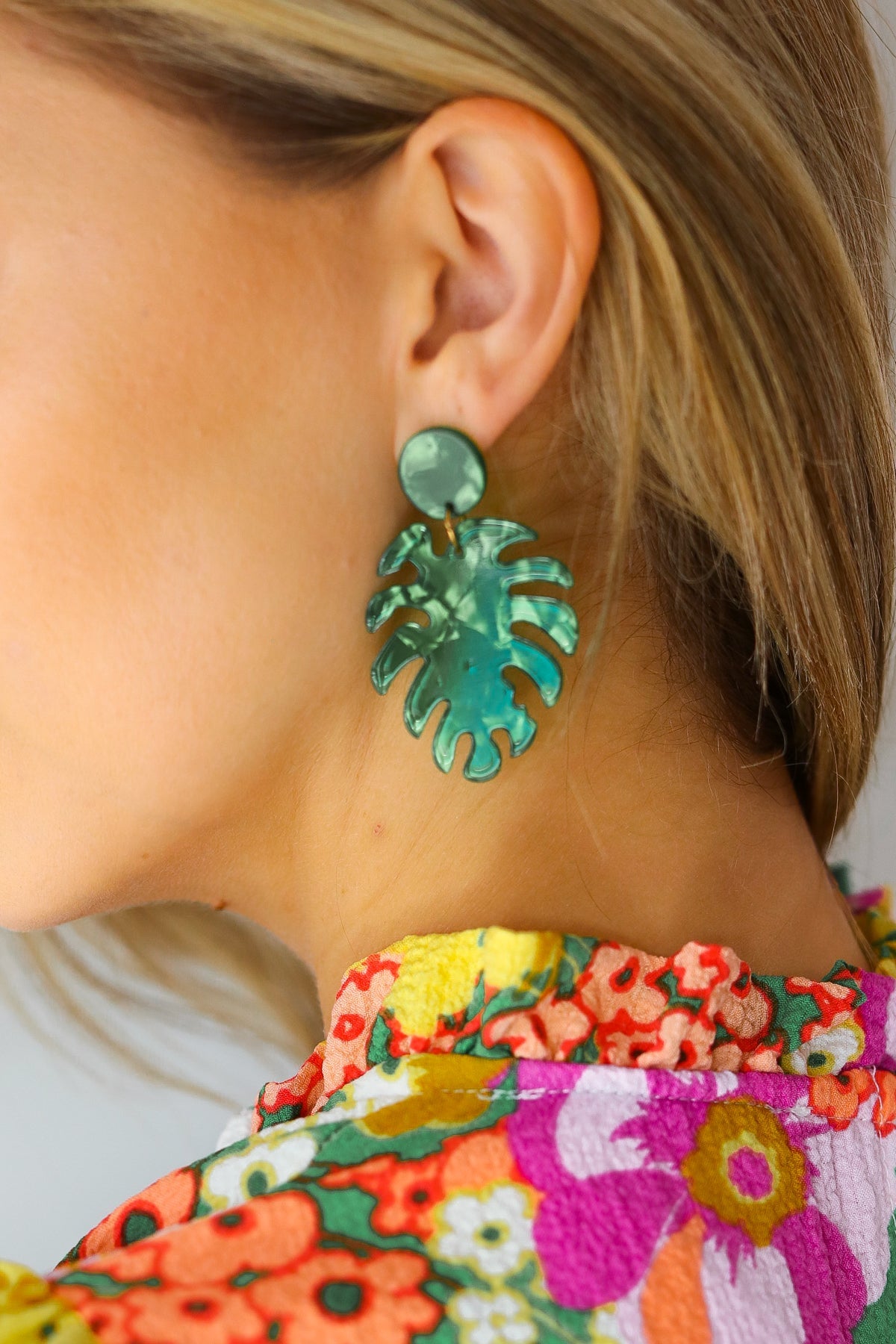 Emerald Acrylic Monstera Leaf Earrings