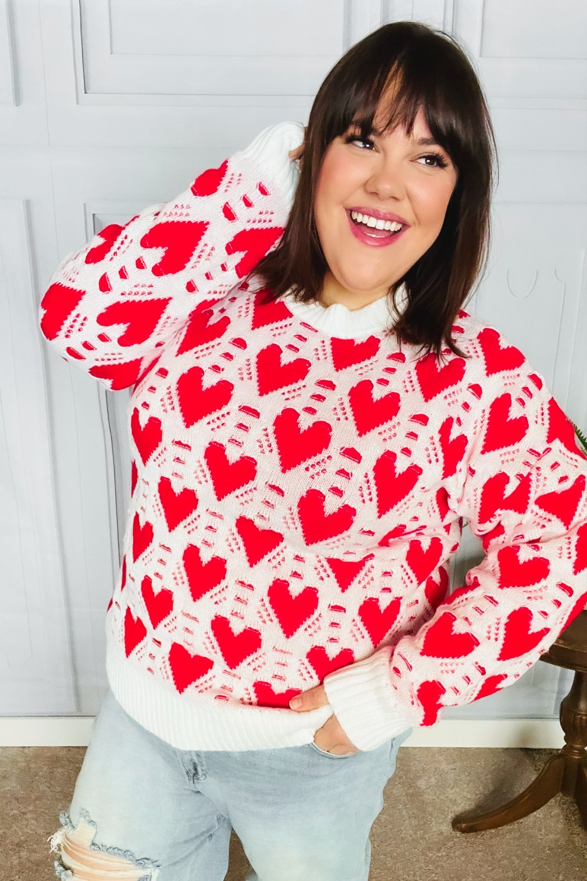 True Hearts Ivory & Red Heart Oversized Sweater