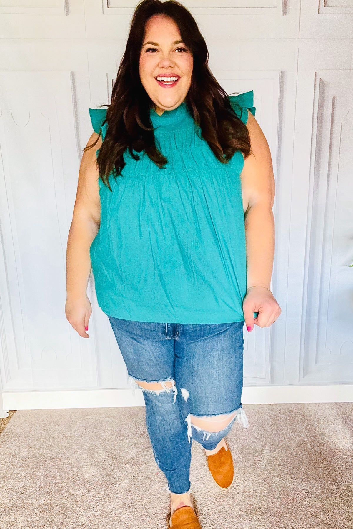 Love Life Cotton Turquoise Frill Mock Neck Flutter Sleeve Top