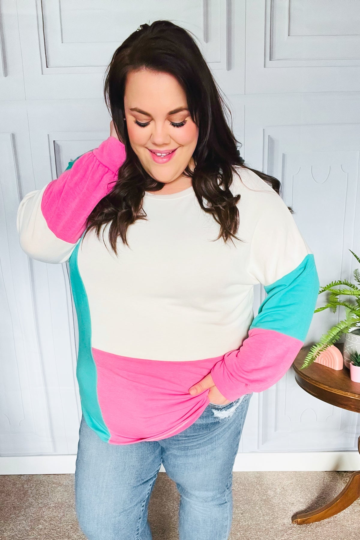 The Slouchy Mint & Pink Drop Shoulder Terry Color Block Top