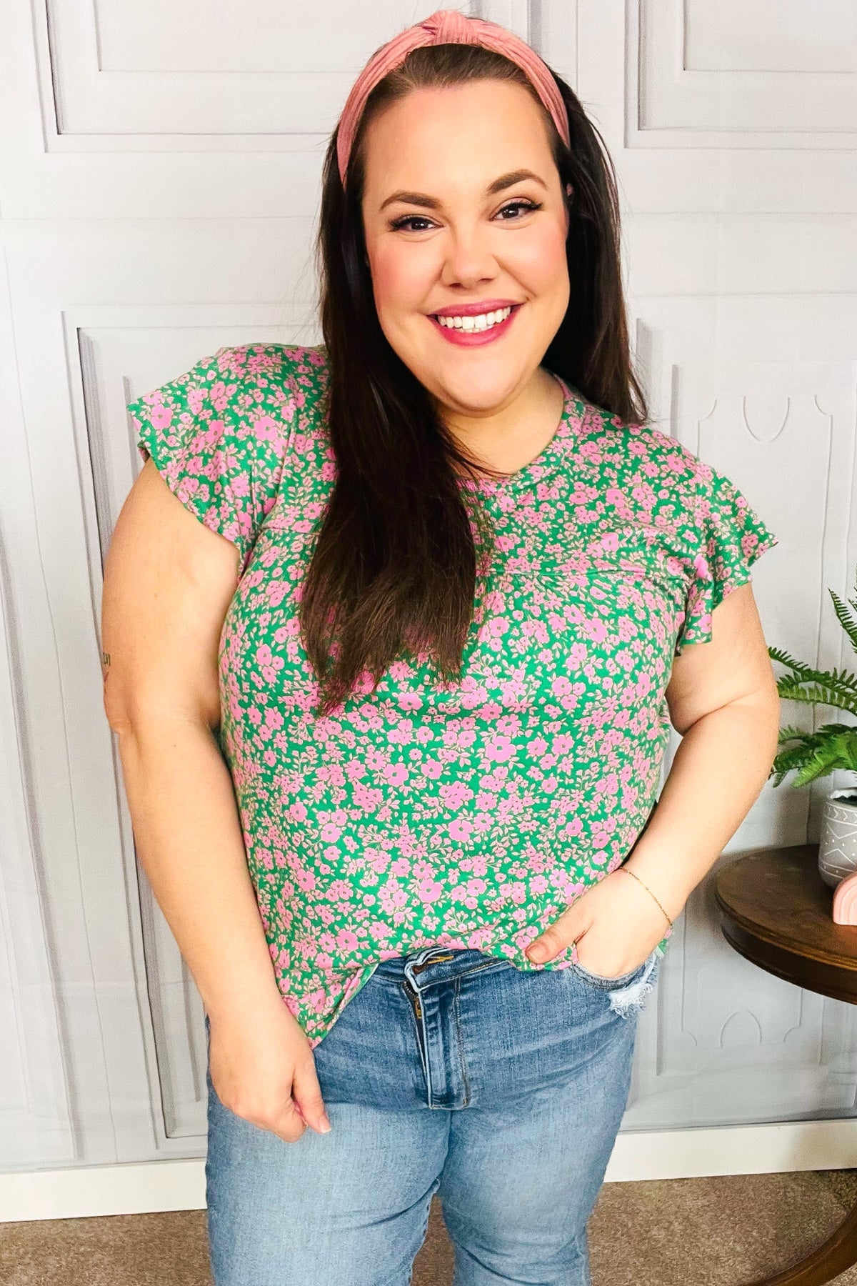 Dreamy Green & Pink Floral Yoke Ruffle Short Sleeve Top