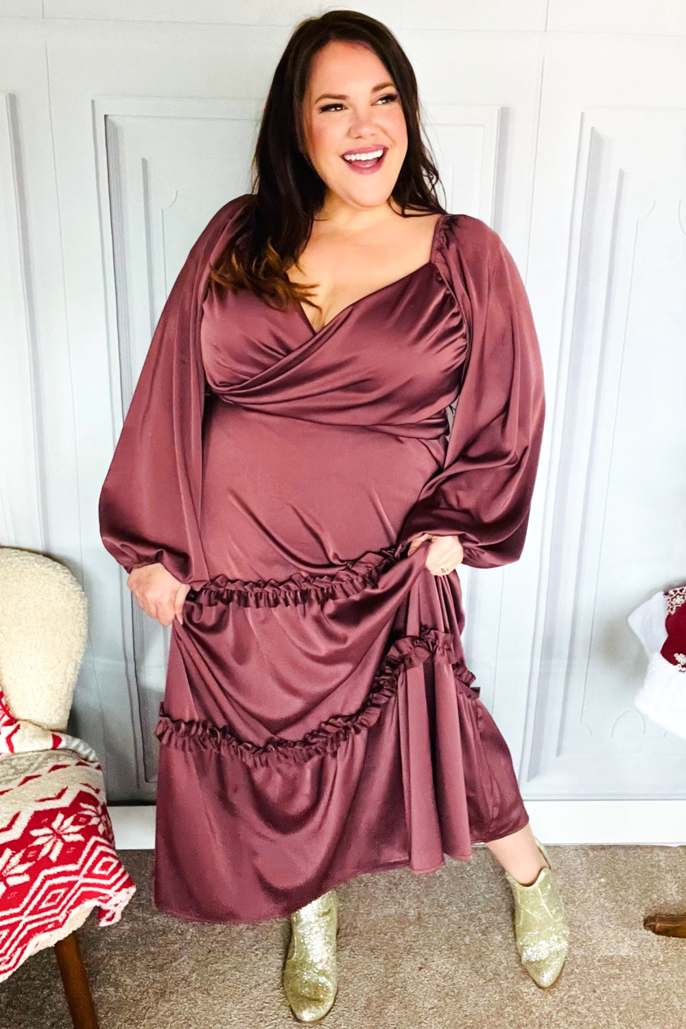 Holiday Vibes Wine Satin Front Overlap Smocked Back Maxi Dress